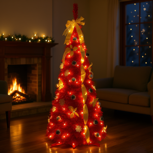D0100XUZFSV Albero di Natale Preilluminato Rosso 180 cm con 150 Luci LED Calde e Fiocchi in Nastro Dorato, Modello da Interno - Product Image 2