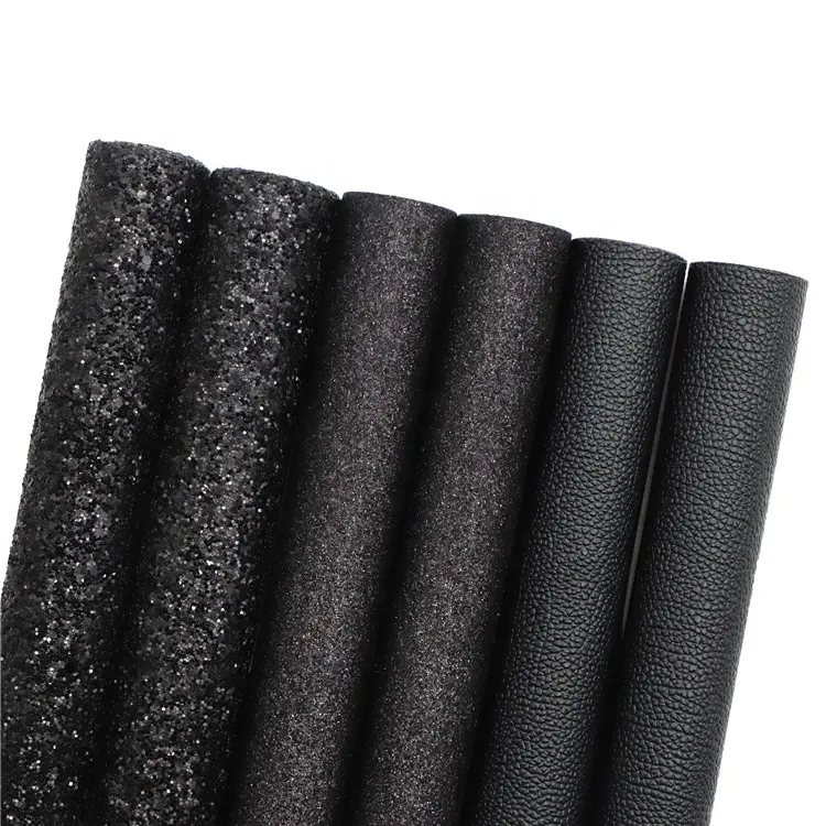 6pcs/set A4 Size Black Solid Color Vegan Faux Synthetic Leather Glitter Fabric Sheets For Hairbows 1120289