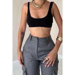 Pantalones Cargo de Cuero Transpirable Gris al por Mayor con Bolsillos Laterales, Overoles Casuales para Otoño, Cintura Media, Lavado de Color - Product Image 2