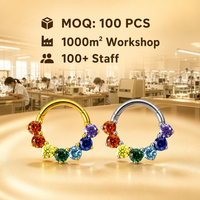 Grosir Cincin Hidung Titanium G23 Berlapis Emas 24K Perhiasan Tindik Model Hoop Klasik Hipoalergenik 7 Zirkonia Kubik Multi-Warna