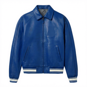 Blouson bomber en cuir PU bleu pour homme, col rabattu, fermeture éclair, coupe classique, style décontracté automne - Product Image 1