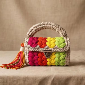 Bolso de Mano Trenzado Multicolor (Fluorescente) Hecho a Mano con Perlas, Bolso de Hombro Boho con Dos Correas, Tejido de Cordón de Algodón, Excelente Precio - Product Image 1