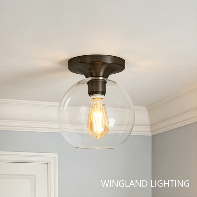 Clear Glass Globe Flush Mount Ceiling Light Fixture Industrial Vintage Ceiling Light for Hallway Entryway Bedroom Bathroom