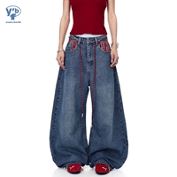 YUANBOFEI Jeans amples bleus personnalisés, style vintage américain, patchwork à carreaux, denim à jambes larges, super confortables pour un usage quotidien