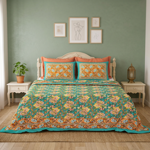 Sábana Plana de Algodón con Estampado Antiguo, Diseño Floral Boho Indio, Hecha a Mano en Jaipur, para Cama Queen/King - Product Image 2