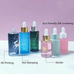 Skin Oil Cosmetic Packaging 30ml Blue Ombre Colorful Press Pump square Glass <b>Dropper</b> <b>Bottle</b> with Gold Push Button Lids 1oz - Product Image 6