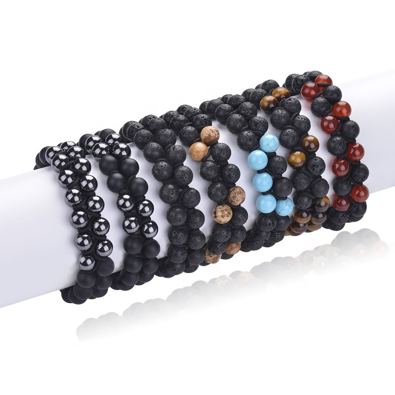 Double row natural stone 8mm handmade adjustable braided lava rock and magnetic hematite custom beaded mens bracelet