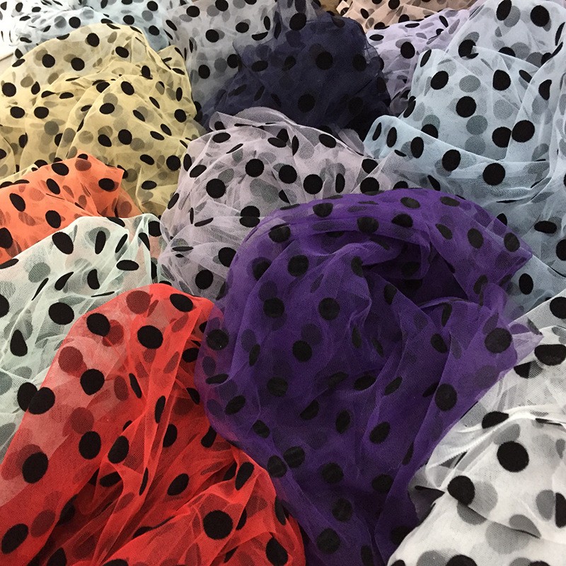 3D Texture Black 1.5cm Polka Dot Flocked Nylon Mesh Fabric Ideal for Womens Dress Accents Fashion Accessories & Venue Decoration