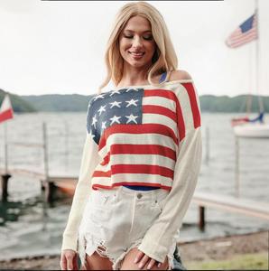 เสื้อสวมหัวคอกลมแขนยาวพิมพ์ลายธงอเมริกาสหรัฐอเมริกาสำหรับผู้หญิงเสื้อถักไหมพรมทรงหลวมสำหรับฤดูใบไม้ร่วง - Product Image 1