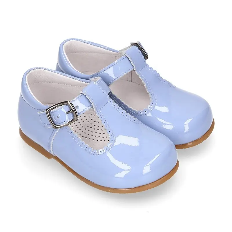 New Collection Wave And Buckle Fastening Patent Leather Little Girls T-Strap Dress Shoes