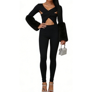 Body de mujer con cuello en <span class=keywords><strong>V</strong></span> y manga larga, con ribete de piel sintética, diseño cruzado y aberturas, estilo <span class=keywords><strong>mono</strong></span>, moda Sehe - Product Image 2