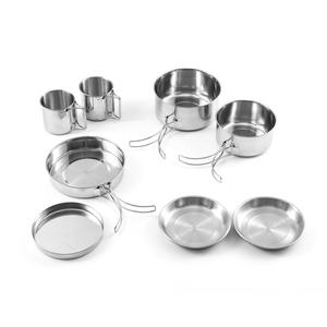 Ensemble de cuisine portable 8 pièces en acier inoxydable 304 pour extérieur, camping et pique-nique, avec tasses, bols et assiettes pliables, finition poli miroir - Product Image 1