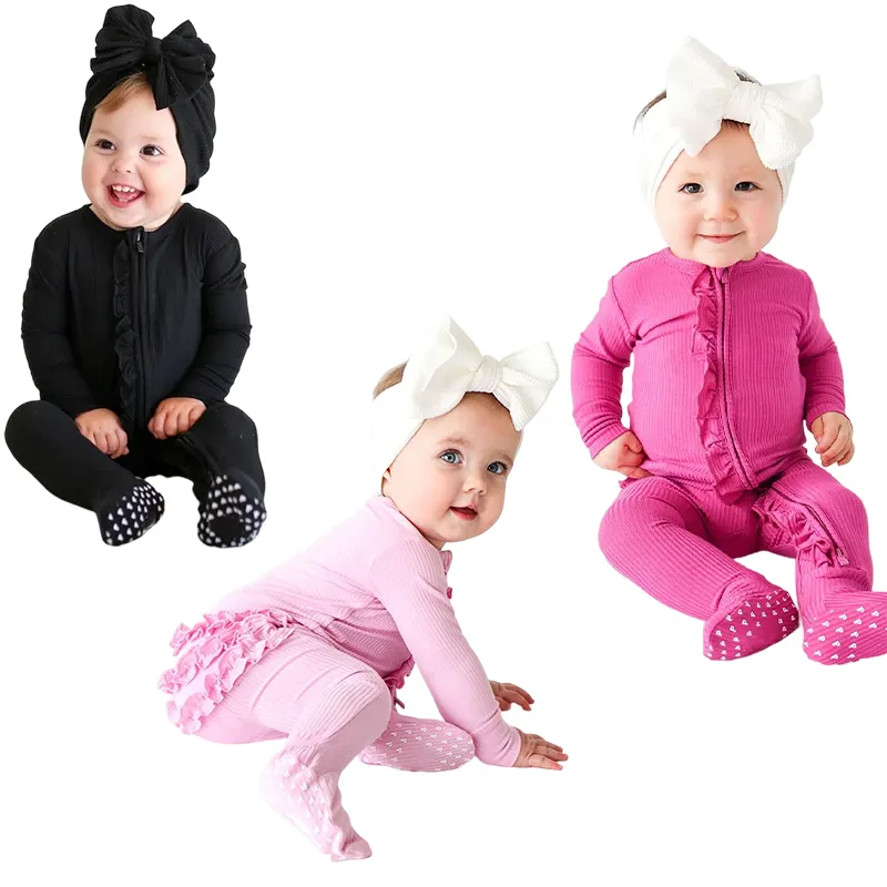 Bebek fırfırlı kıyafet organik bebek bambu romper sürdürülebilir bebek uyku uygun çevre dostu bebek sleepsuit zip yenidoğan onesie