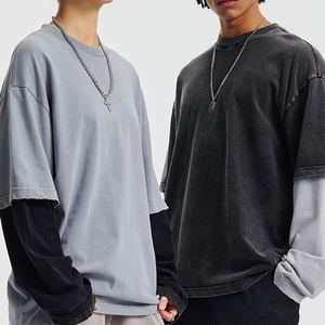 T-shirt à manches longues vintage pour homme 275G, surdimensionné, délavé à l'acide, 100% coton, logo personnalisé, streetwear, faux deux pièces, t-shirts pour homme - Product Image 5