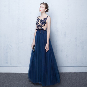 S2792R New Blue Long Round Neck Sleeveless Lady Banquet Lace Slim Wedding Evening Dress - Product Image 2