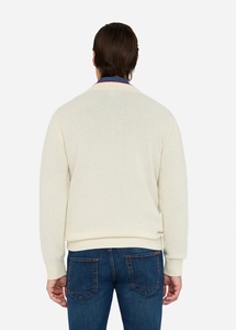 <span class=keywords><strong>Cardigan</strong></span> da Uomo con Collo a V e Bordi Decorativi in Crema con Profili Rossi, Maglione Classico con Bottoni in Fine Misto Cashmere e Cotone per il Moderno - Product Image 2