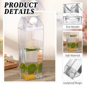 Bouteille d'eau en acrylique réutilisable anti-fuite, style carton de lait, 500ml/1000ml, en plastique transparent, design carré moderne, avec bouchon à vis, pour le camping - Product Image 3