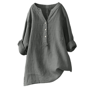 2025 camisa de manga larga con botones y cuello de pico sólido de <span class=keywords><strong>moda</strong></span> Vintage para mujer europea americana para primavera y verano - Product Image 5