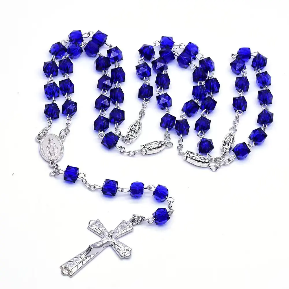 Christian Jewelry Prayer Beads Cross Necklace blue plastic beads rosary necklace