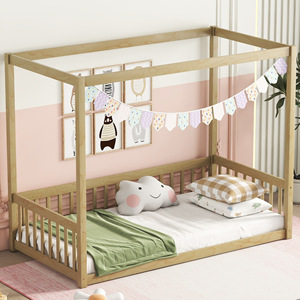 Lit enfant à baldaquin en bois massif avec barrière de sécurité, jaune terreux, structure durable, pour chambre d'enfant - Product Image 4