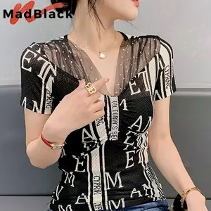 Summer T-Shirt Chic Sexy V Necks Graphic Mesh Glitter Rhinestone Women Slim Tops Short Sleeve Hand Make Tees T34958M