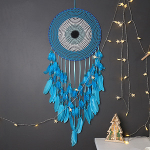 Grande decorazione da parete Dream Catcher per camera da letto Boho Evil Eye Dream Catcher blu turchese piuma <span class=keywords><strong>Macrame</strong></span> appeso a parete - Product Image 2
