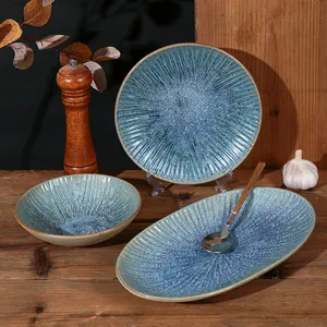 New Design Custom Luxury Dining Restaurant Stoneware Round Oval Porcelain Colored Ceramic Blue Plate Royal Dishes Plates