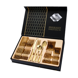 Stainless Steel Cutlery Set Gold Plated Diamond Pattern Western Tableware Steak Knife Fork Spoon <b>Gift</b> <b>Box</b> - Product Image 3