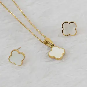 Dortnover High Quality Fashion Jewelry Set 18K Gold Plated Clover Charm with Stainless Steel Pendant Necklace Bracelet Earring