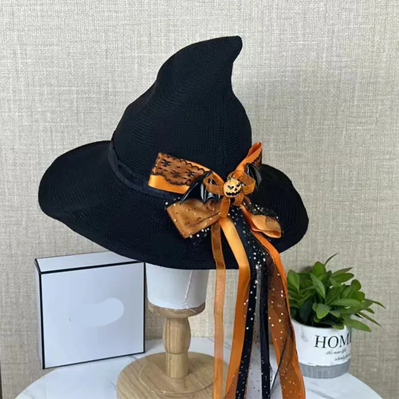 Sombrero de bruja de Halloween cinta de calabaza lazo flecos accesorio de fiesta de cosplay ala de punto de lana bufanda de seda puntiaguda plegable sombrero de bruja