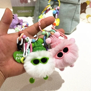 Dễ thương đầy màu sắc Rex Thỏ tóc búp bê sang trọng Vòng Bóng Tim Kính mát Fluffy ELF Pom Pom Keychain điện thoại quyến rũ chuỗi phụ kiện - Product Image 1