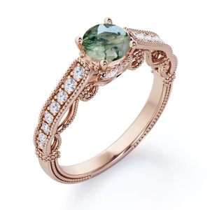 Handmade <b>Moss</b> <b>Agate</b> Moissanite Classic Geometric Engagement <b>Ring</b> 925 Sterling Silver Prong Setting <b>Ring</b> - Product Image 5