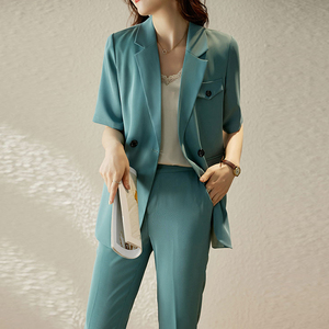 女性用コーヒー色半袖スーツジャケットカジュアルな気質ビンテージブレザー付き - Product Image 3
