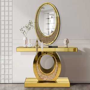 Consolle di Lusso Guanlong con <span class=keywords><strong>Specchio</strong></span> Dorato, Tavolo da <span class=keywords><strong>Ingresso</strong></span> in Vetro Lucido e <span class=keywords><strong>Specchio</strong></span> Decorativo da Parete per Soggiorno - Product Image 4