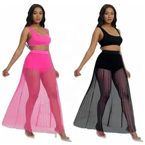 Channel Trendy Summer 2024 Crop Top Boy Shorts And Mesh Pleated Maxi Skirt Party Matching 3 Piece Beach Outfits For Women