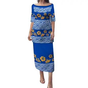 Polynesian Tribal Plumeria Pattern Off-Shoulder Dress Samoa Puletasi With OEM own brand customer logo 2PC Dress Factory Outlet