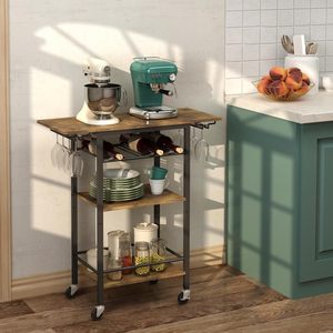 Chariot de cuisine roulant SENYU moderne à 3 niveaux avec porte-vin et porte-verres, plateau en bois, structure métallique, étagère de rangement portable pour bar à domicile - Product Image 1