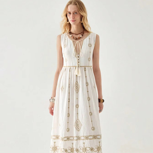 Vestidos Maxi Casuales de Manga Corta con Cuello en V, Bordados, Vintage, Personalizados, para Mujer, Color Blanco, Sexy, 100% Algodón, Tejido Natural, Cintura Natural - Product Image 1
