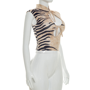 Viviblook C26TP056 Débardeur d'été sexy imprimé à lacets et col montant sans manches pour femme - Product Image 3