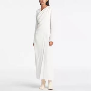 Vestido Maxi de Lino Personalizado para Mujer, Manga Larga, Cuello en V, Casual, Holgado, con Abertura Lateral, Talla XS, Tejido Sólido, para Primavera, Verano y Otoño - Product Image 1