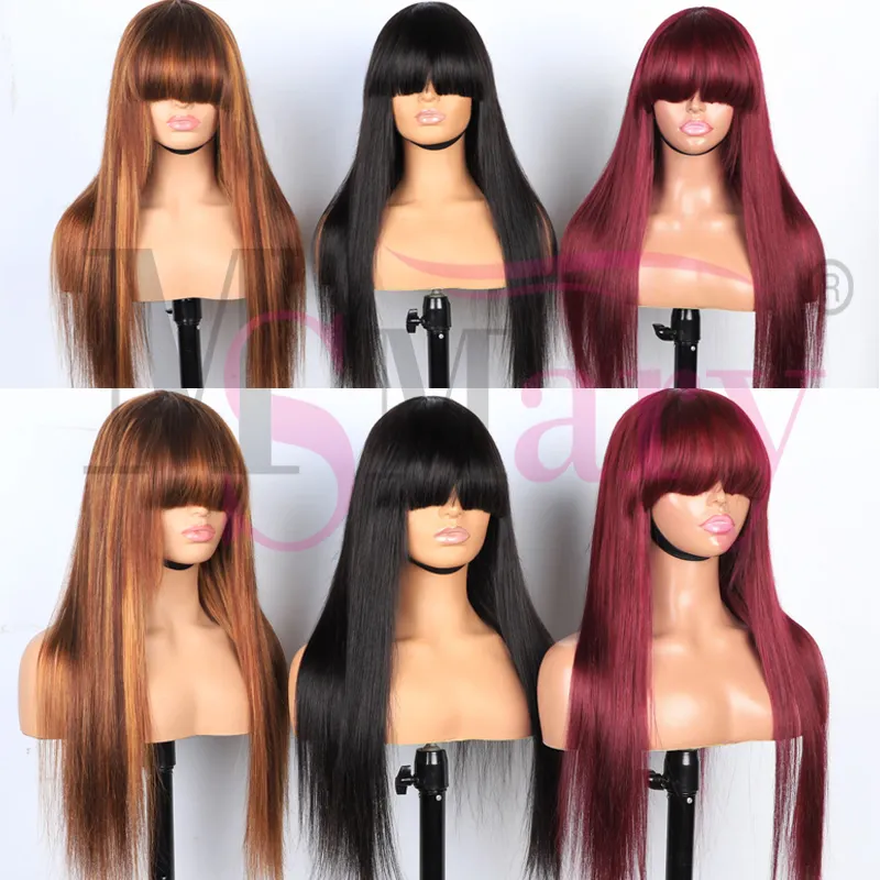 Glueless Lace 100% Virgin Human Hair Wig 200% Density Lace Frontal Wigs With Bangs Human Hair Straight Lace Front Wig