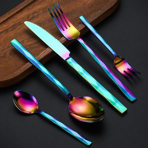 Diamond Pattern Stainless Steel Knife Fork Spoon Set 5 Piece Western <b>Utensils</b> Durable Party Dinnerware - Product Image 1