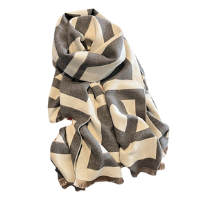 Manta Larga Transpirable de Lana y Viscosa Jacquard a Cuadros Gris Camel de Doble Cara, Estilo Hotel, Casual, para Otoño e Invierno, para Adultos - Product Image 1