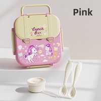 Boîte à lunch carrée en plastique pour enfants, motif dessin animé, compatible micro-ondes, 3 compartiments, pour étudiants, avec fourchette et cuillère