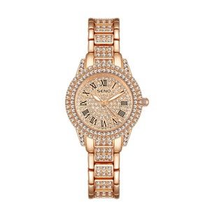 Montre à quartz de luxe pour femme, or rose, cadran serti de diamants, chiffres romains, étanche, élégante, avec aiguilles lumineuses - Product Image 2