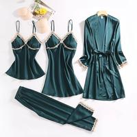 Vente en gros d'usine, pyjama de haute qualité, ensemble de vêtements de nuit en satin de soie pour femmes, ensemble de pyjama 4 pièces pour femmes, robe fille
