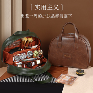 Sac à cosmétiques rétro en cuir ciré, grande capacité, fermeture éclair, poignée souple, couleur unie, pour femmes, rangement de voyage - Product Image 2