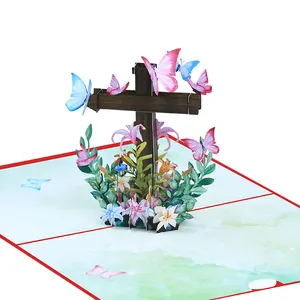 New Design Laser Cutting 3d Pop Up Butterfly Cross Greeting Card For Easter Day Handmade Paper Sculpture Message Card