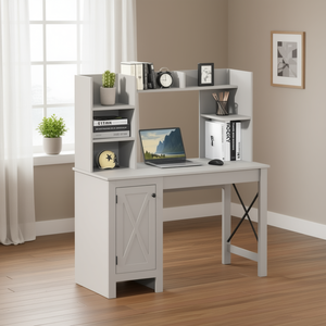 Scrivania per computer grigio chiaro con ripiano portaoggetti, superficie in legno, mobili per ufficio domestico - Product Image 2