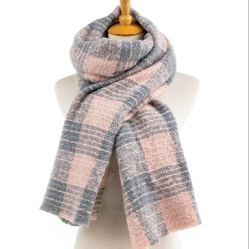 Зимний плотный клетчатый шарф с блестками для женщин, индивидуальный теплый шаль с узором, зимний тканый кашемировый серый розовый шарф в клетку